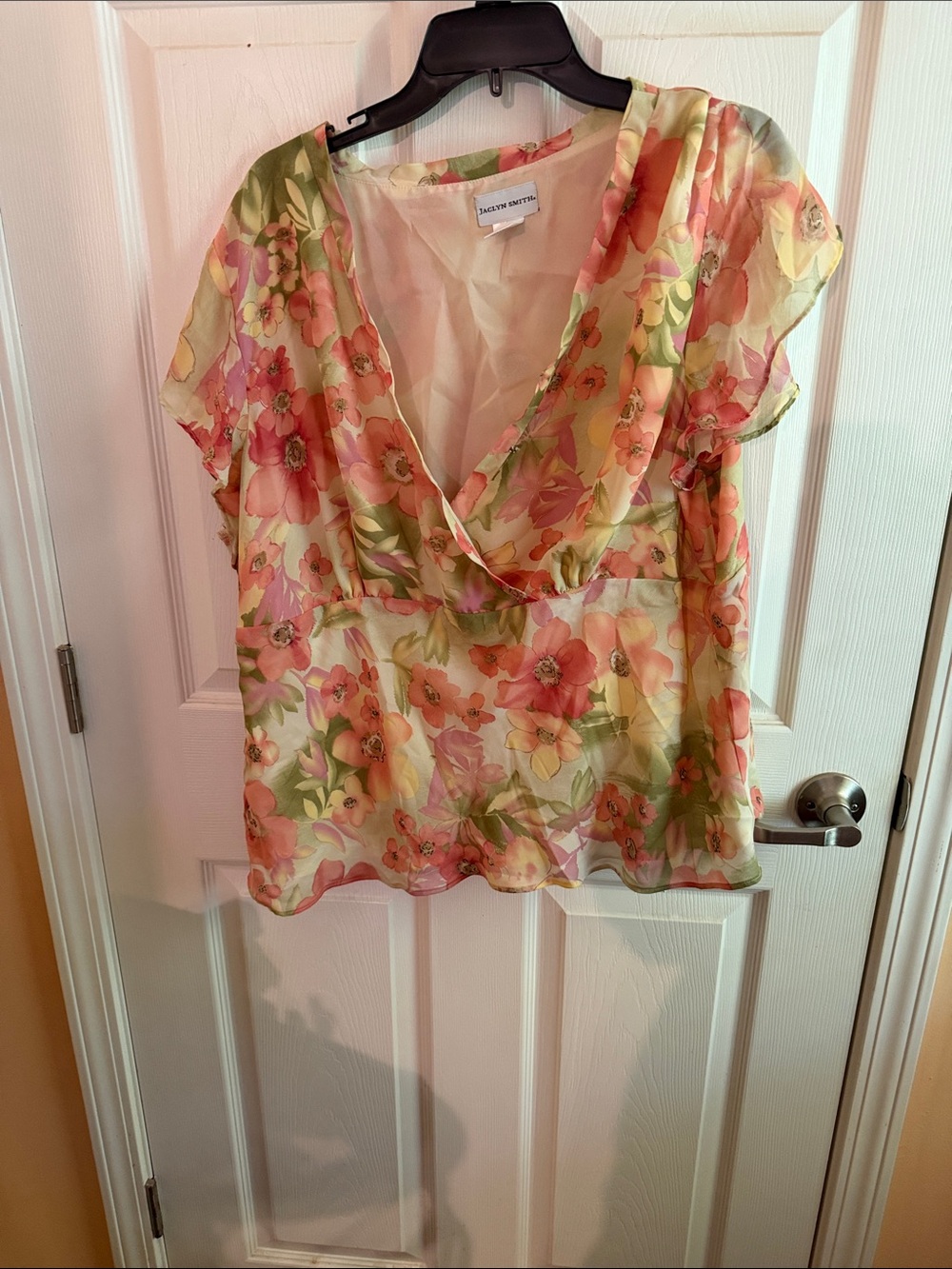 Jaclyn Smith Pink Coral & Green Floral Wrap-Front Blouse